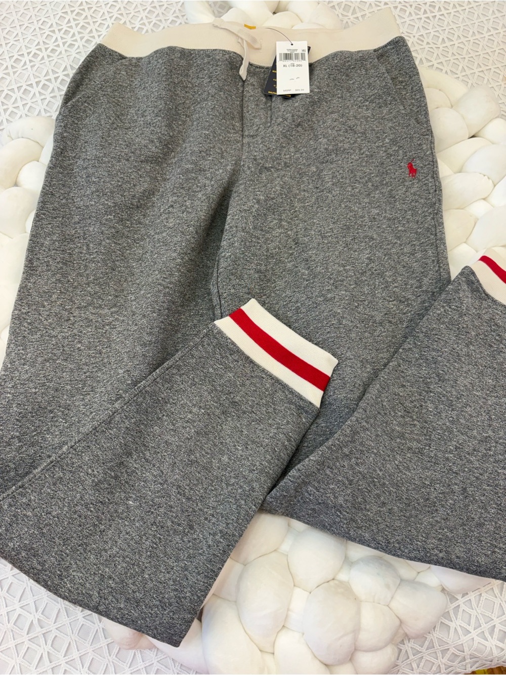 Polo by Ralph Lauren Gray Sweatpants with Cream Waistband and Red Stripe